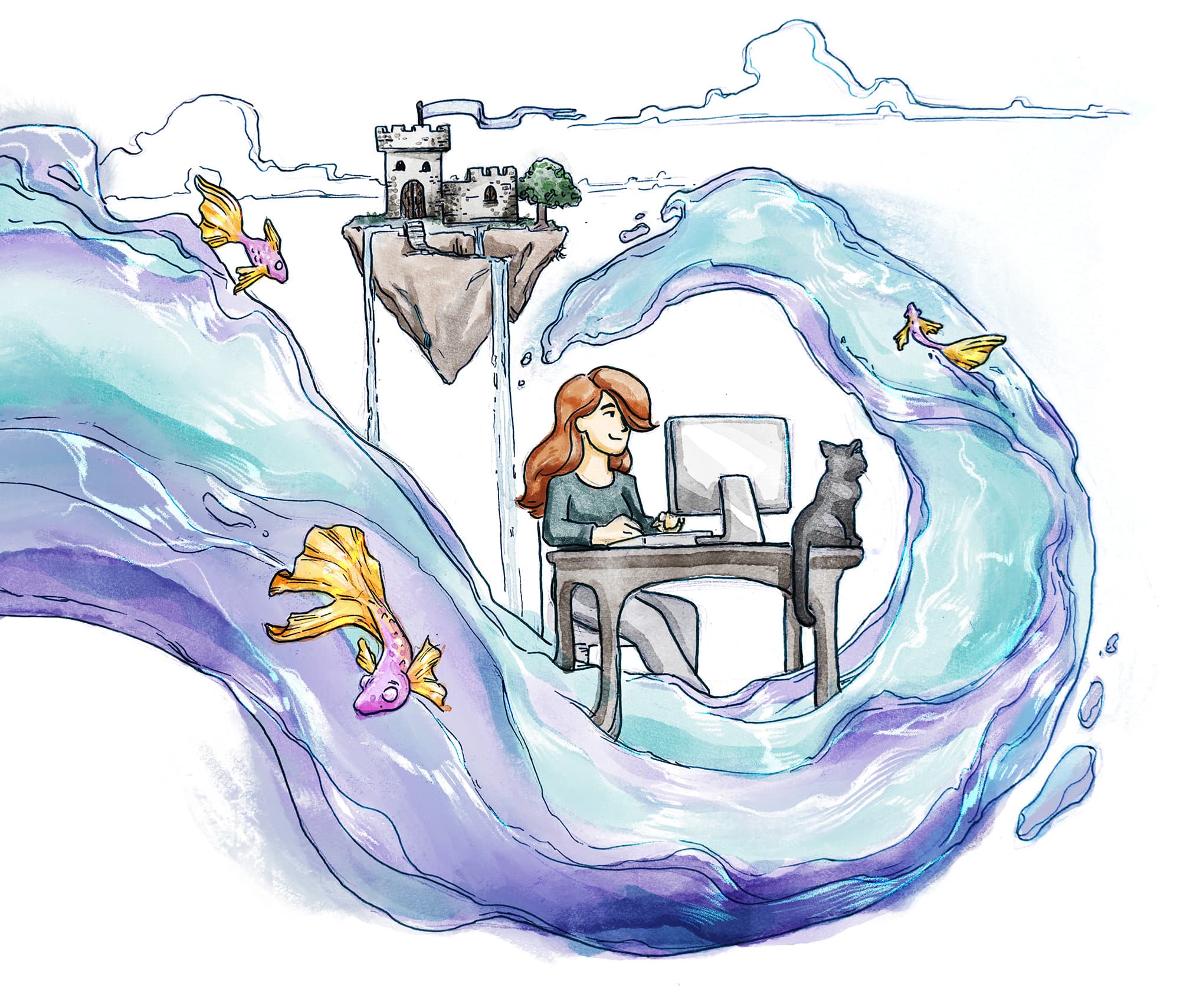 An illustration of a writer at a desk beside a floating castle, surrounded by a flowing river of ideas with fish swimming through it.